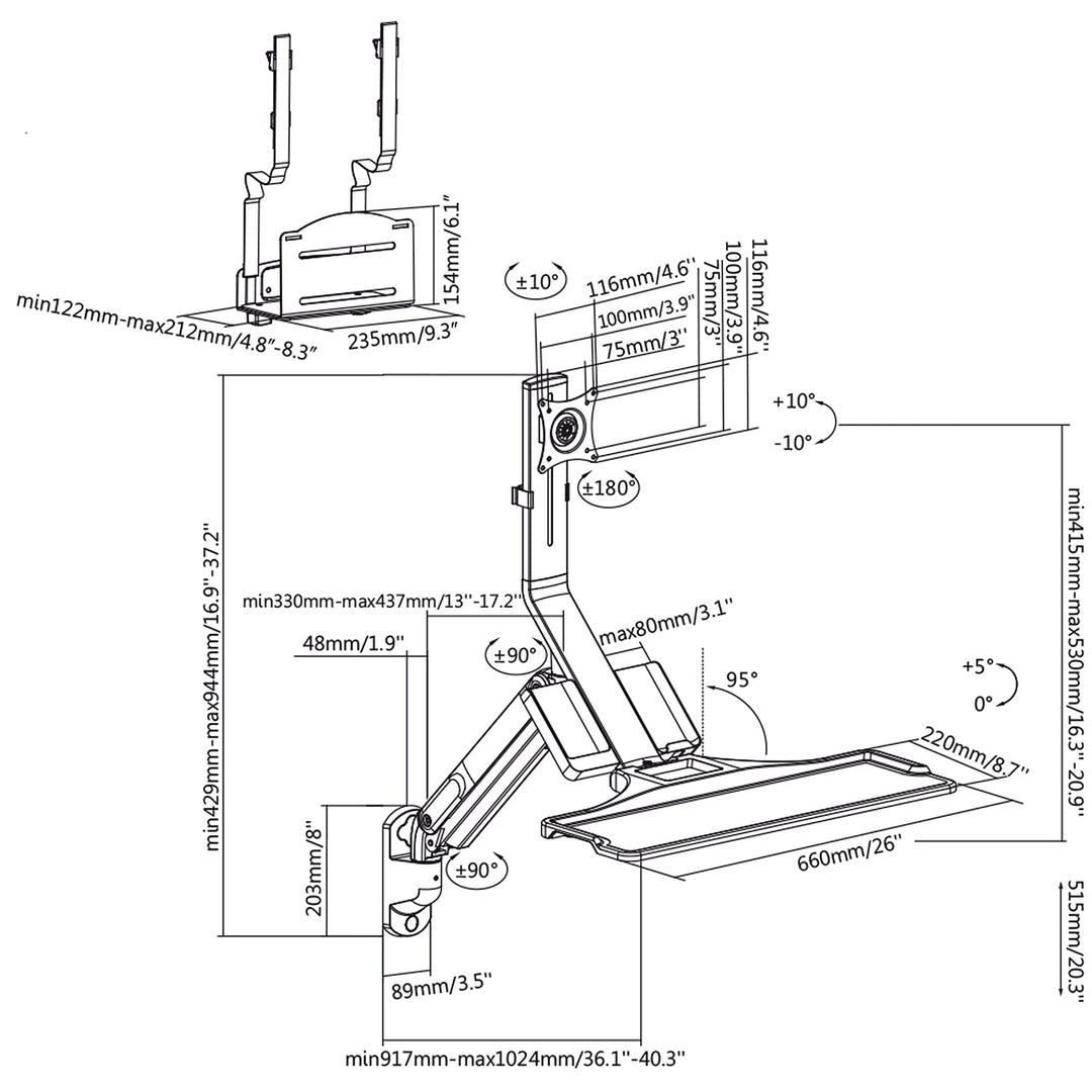Maclean MC-838 zidni nosač za monitor i tipkovnicu s plinskim opružnikom i držačem računala/CPU-a 17"-32" 9 kg