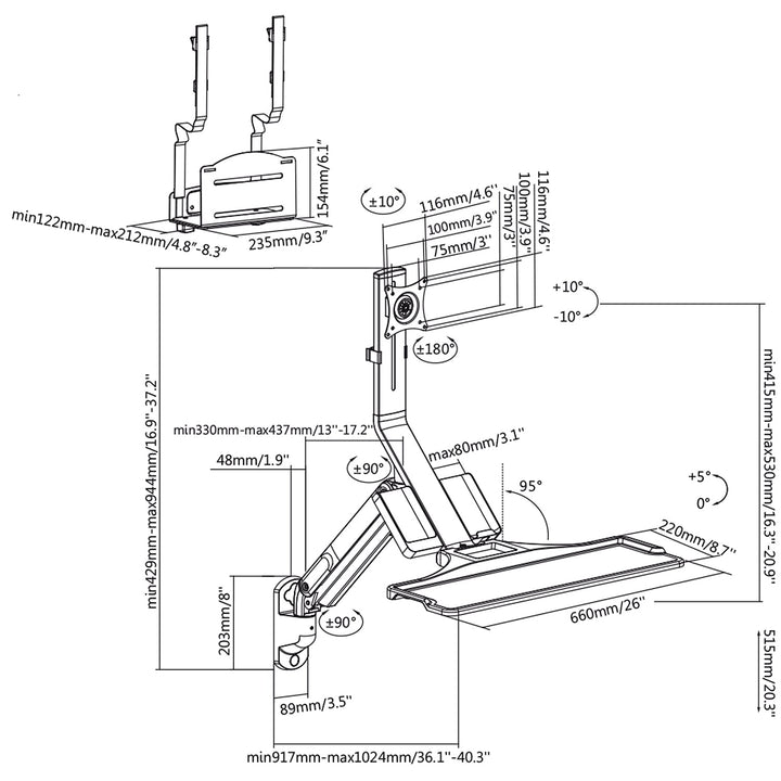 Maclean MC-838 zidni nosač za monitor i tipkovnicu s plinskim opružnikom i držačem računala/CPU-a 17"-32" 9 kg