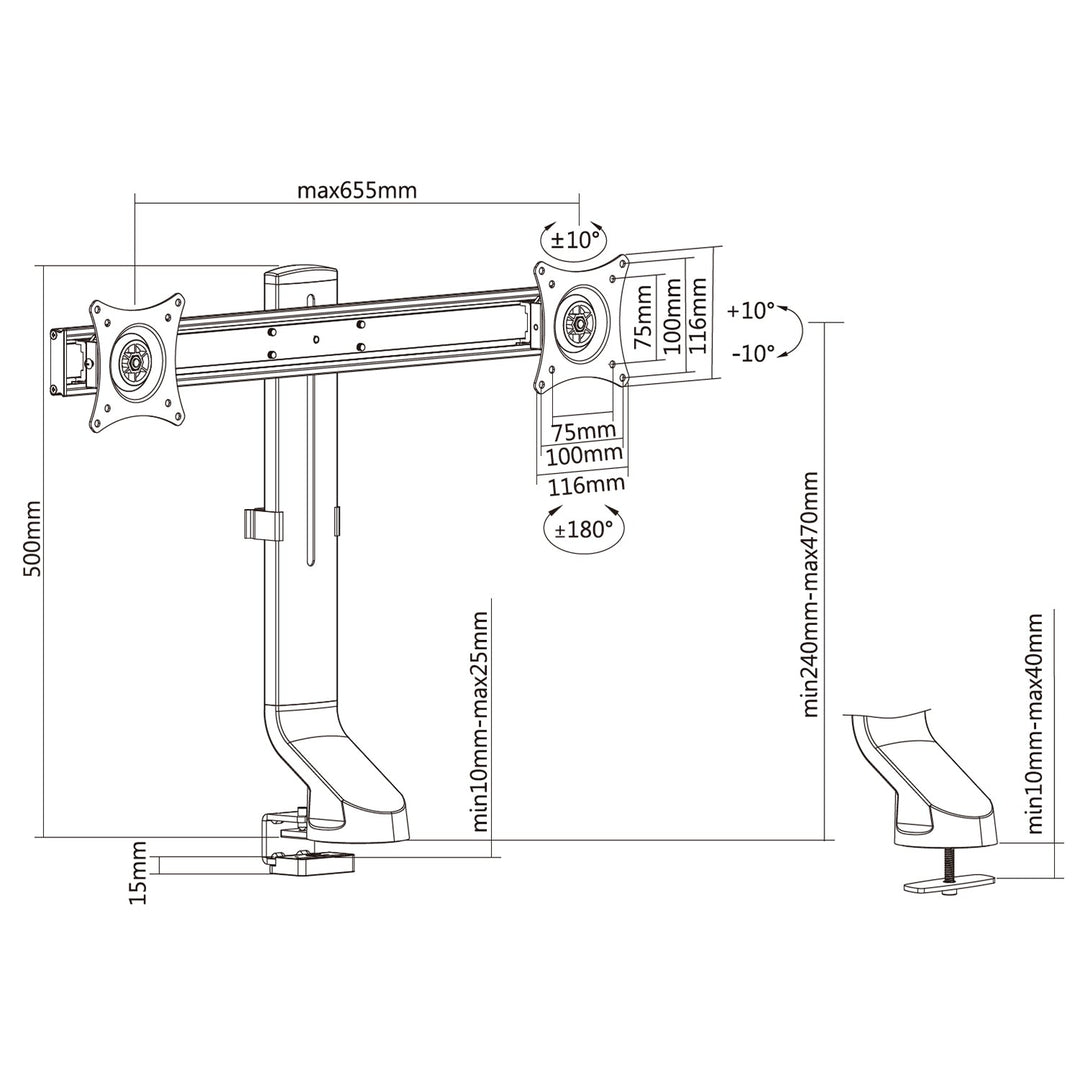 Držač za dva monitora / za dva monitora 17"–27" do 14 kg, Maclean MC-854, VESA 75×75 i 100×100, kompatibilan s MC-848 i MC-849