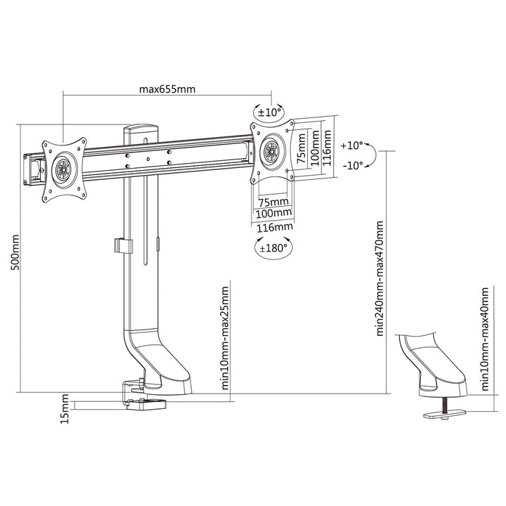 Držač za dva monitora / za dva monitora 17"–27" do 14 kg, Maclean MC-854, VESA 75×75 i 100×100, kompatibilan s MC-848 i MC-849