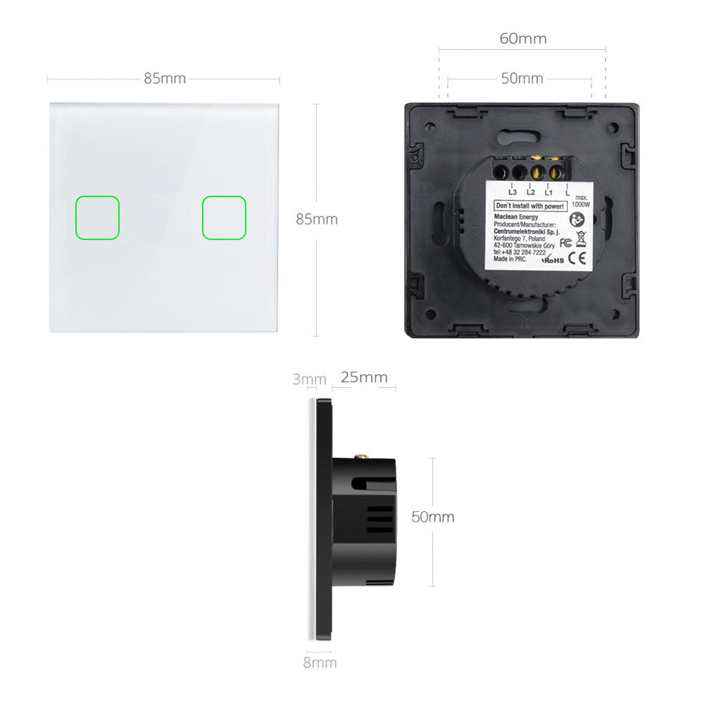Dodirno dvostruko stakleno bijelo prekidačko svjetlo s kvadratnim gumbom Maclean Energy MCE703W, dimenzije 86x86 mm, s pozadinskim osvjetljenjem gumba