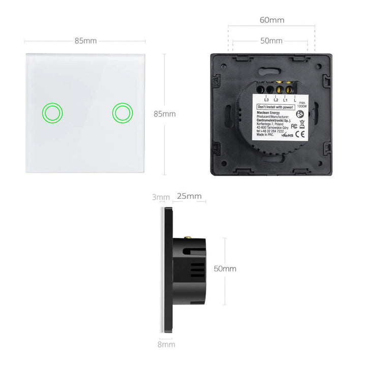 Dodirno dvostruko stakleno bijelo stikalo sa zaobljenim gumbom Maclean Energy MCE704W, dimenzije 86x86 mm, s osvjetljenjem gumba