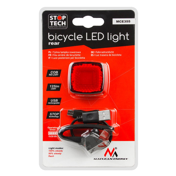 USB stražnje biciklističko svjetlo AUTO STOP senzor sumraka Maclean Energy MCE355 COB LED max. 125 lm baterija 450 mAh