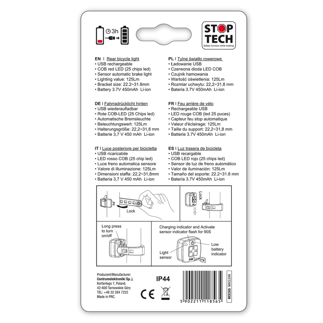 USB stražnje biciklističko svjetlo AUTO STOP senzor sumraka Maclean Energy MCE355 COB LED max. 125 lm baterija 450 mAh