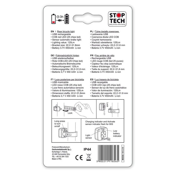 USB stražnje biciklističko svjetlo AUTO STOP senzor sumraka Maclean Energy MCE355 COB LED max. 125 lm baterija 450 mAh