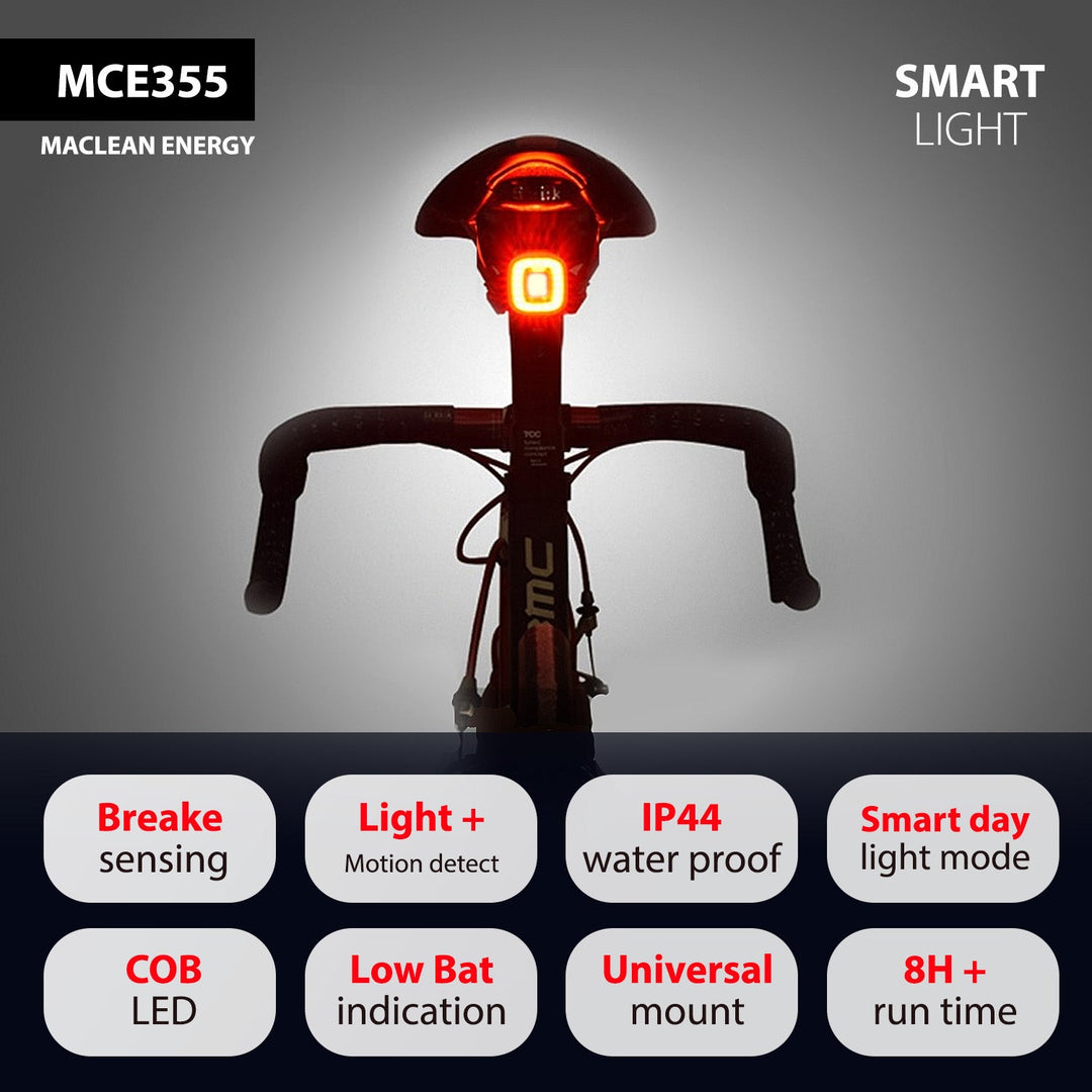 USB stražnje biciklističko svjetlo AUTO STOP senzor sumraka Maclean Energy MCE355 COB LED max. 125 lm baterija 450 mAh