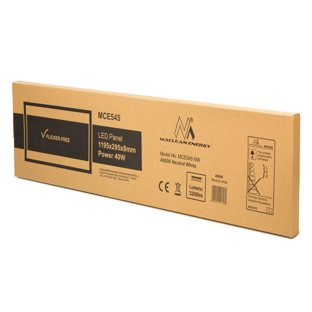 Tanki 40W LED stropni panel, 3200 lm, neutralno bijela (4000 K), Maclean Energy MCE545 NW, 1195×295×8 mm, rešetkasta konstrukcija, funkcija bez treperenja