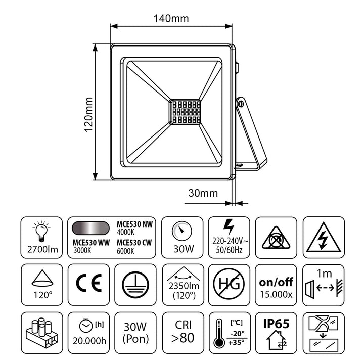30W tanka LED reflektor-svjetiljka, 2400 lm, hladno bijela (6000 K), Maclean Energy MCE530 CW, IP65, PREMIUM