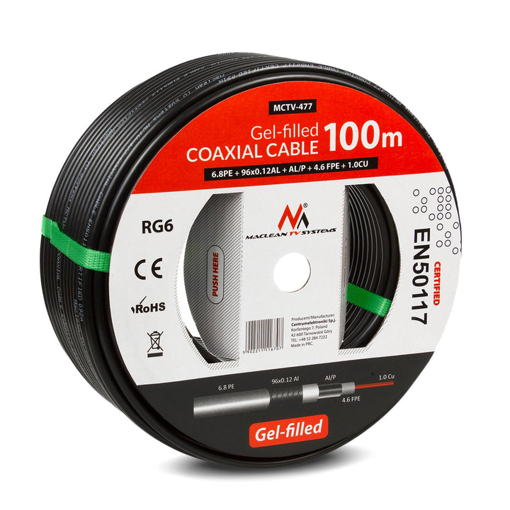 RG6 100M Maclean MCTV-477 1.0CU+4.6FPE+AL/P+96*0.12AL+6.8PE gelom napunjeni satelitski koaksijalni kabel