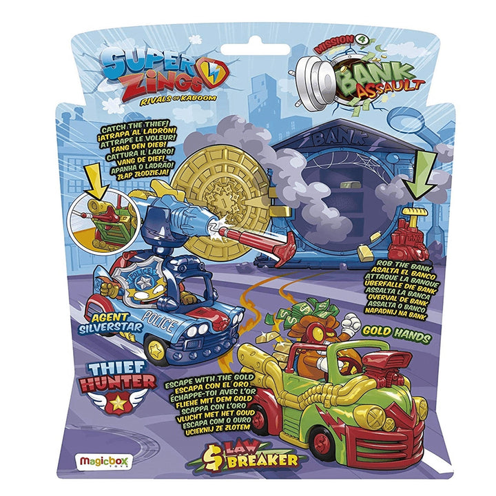 MagicBox PSZSB216IN40 SuperZings Misiune 4: Asalt la bancă Set 2 figurine Super-erou Răufăcător Vehicul