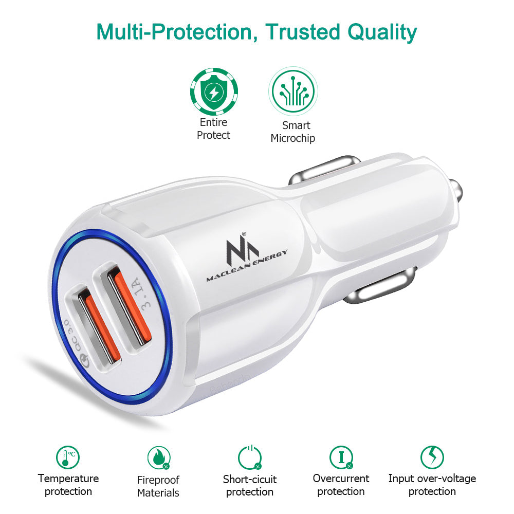 Maclean Energy MCE478 W QC 3.0 punjač za automobil – bijeli Qualcomm Quick Charge QC 3.0 – 5 V/3 A, 9 V/1,8 A, 12 V/1,6 A i 5 V/3,1 A utičnica