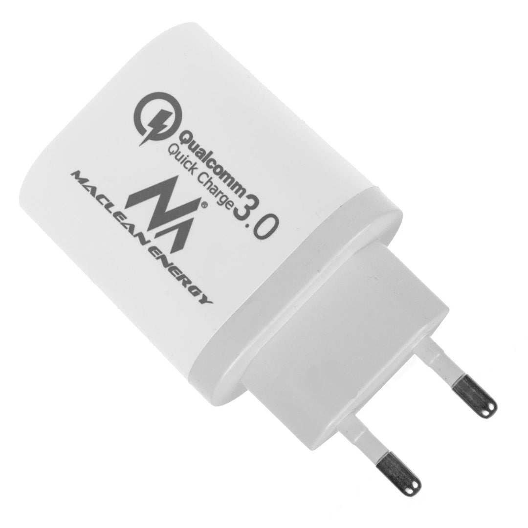 Maclean Energy MCE479 W mrežni punjač 1xQC 3.0 – bijeli Qualcomm Quick Charge QC 3.0 – 3,6–6 V/3 A, 6–9 V/2 A, 9–12 V/1,5 A i 2 x 5 V/2,1 A priključka