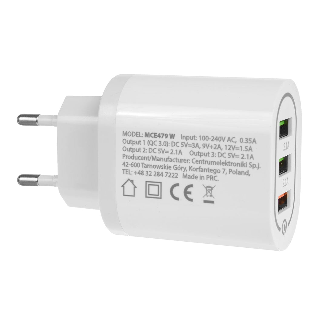 Maclean Energy MCE479 W mrežni punjač 1xQC 3.0 – bijeli Qualcomm Quick Charge QC 3.0 – 3,6–6 V/3 A, 6–9 V/2 A, 9–12 V/1,5 A i 2 x 5 V/2,1 A priključka