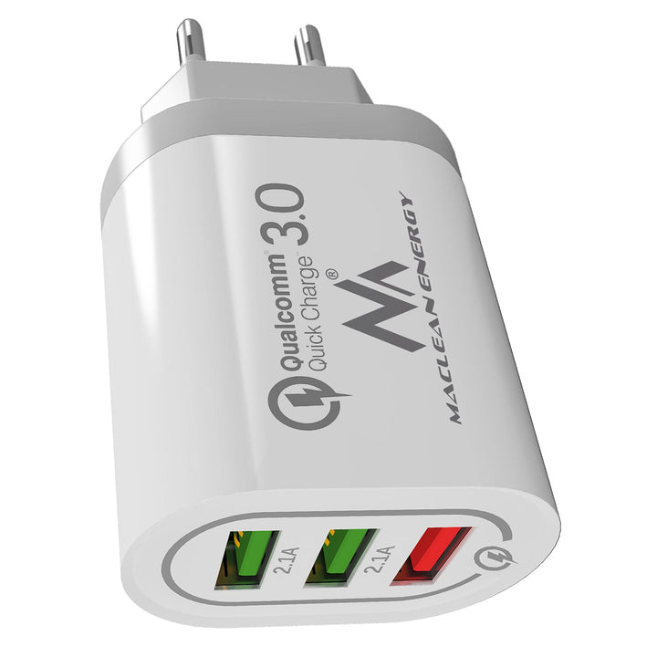 Maclean Energy MCE479 W mrežni punjač 1xQC 3.0 – bijeli Qualcomm Quick Charge QC 3.0 – 3,6–6 V/3 A, 6–9 V/2 A, 9–12 V/1,5 A i 2 x 5 V/2,1 A priključka
