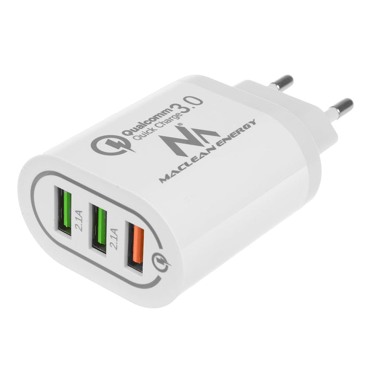Maclean Energy MCE479 W mrežni punjač 1xQC 3.0 – bijeli Qualcomm Quick Charge QC 3.0 – 3,6–6 V/3 A, 6–9 V/2 A, 9–12 V/1,5 A i 2 x 5 V/2,1 A priključka