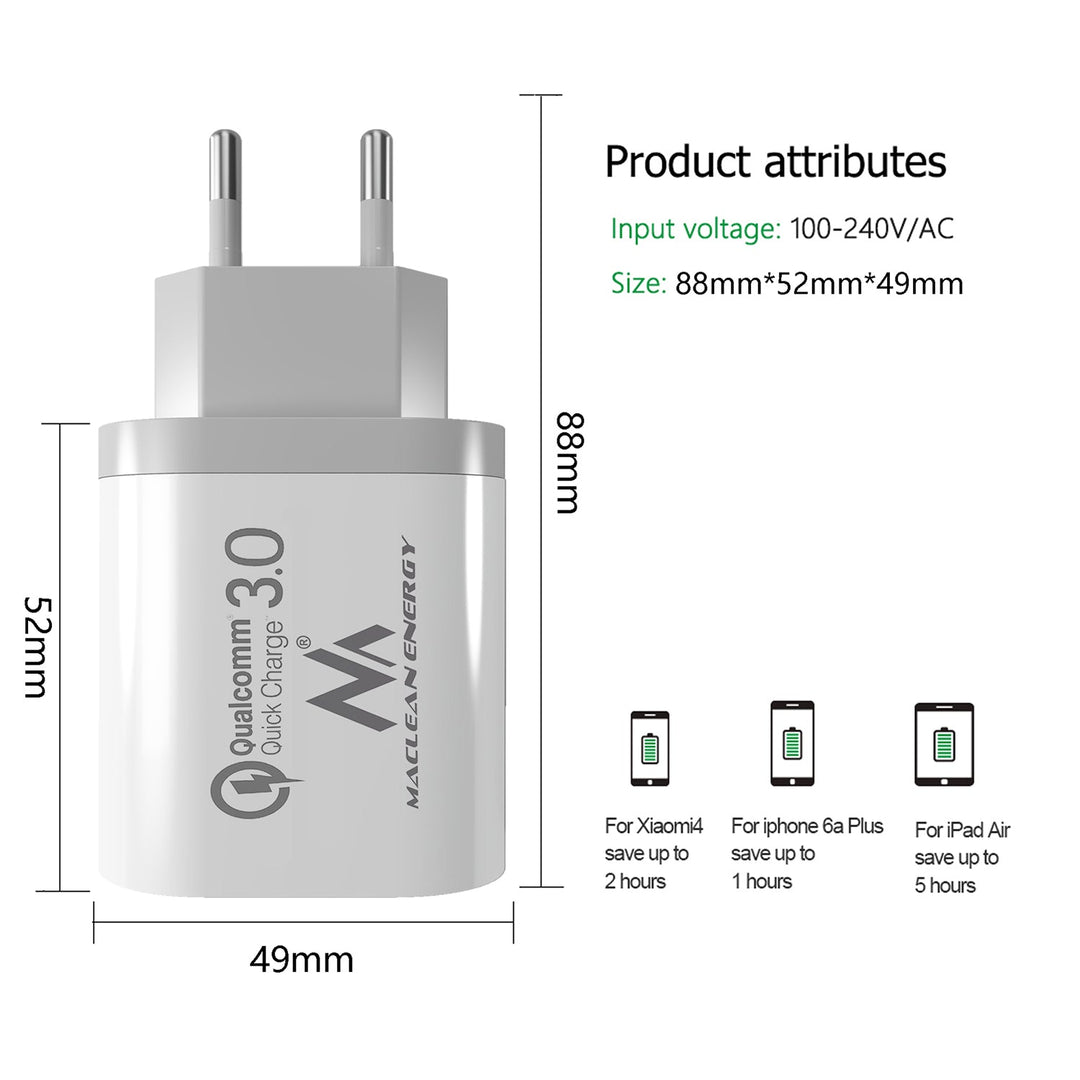 Maclean Energy MCE479 W mrežni punjač 1xQC 3.0 – bijeli Qualcomm Quick Charge QC 3.0 – 3,6–6 V/3 A, 6–9 V/2 A, 9–12 V/1,5 A i 2 x 5 V/2,1 A priključka