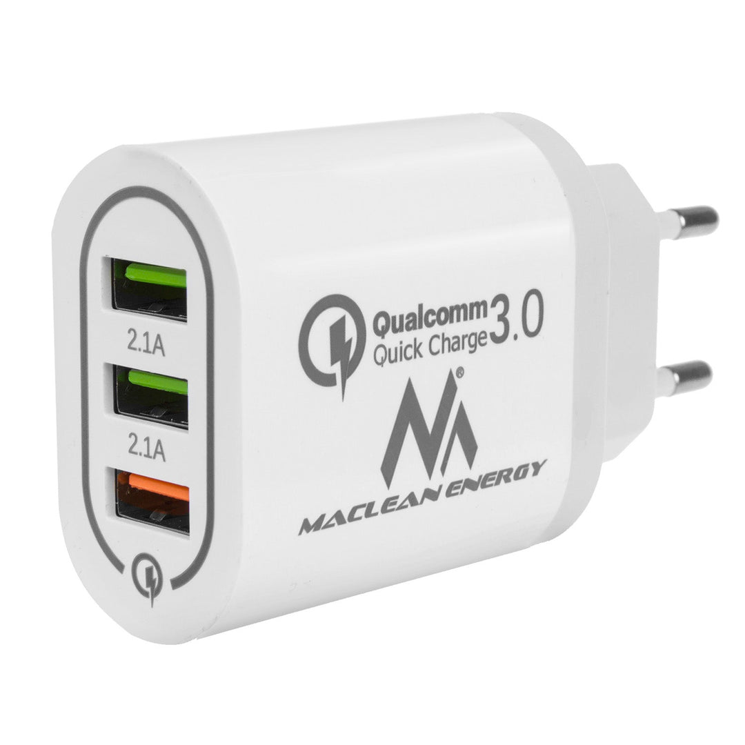 Maclean Energy MCE479 W mrežni punjač 1xQC 3.0 – bijeli Qualcomm Quick Charge QC 3.0 – 3,6–6 V/3 A, 6–9 V/2 A, 9–12 V/1,5 A i 2 x 5 V/2,1 A priključka