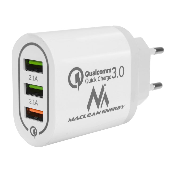 Maclean Energy MCE479 W mrežni punjač 1xQC 3.0 – bijeli Qualcomm Quick Charge QC 3.0 – 3,6–6 V/3 A, 6–9 V/2 A, 9–12 V/1,5 A i 2 x 5 V/2,1 A priključka