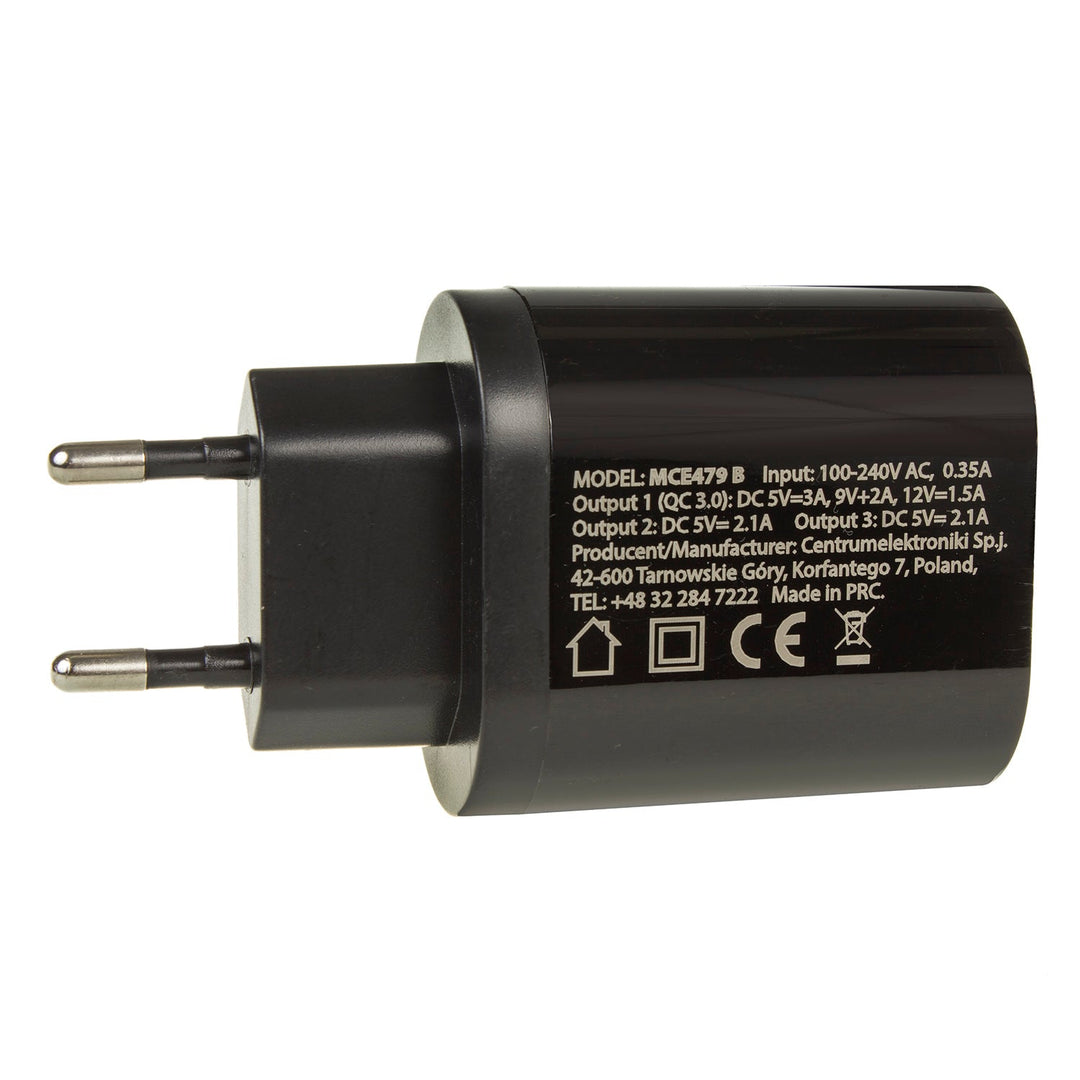 Maclean Energy MCE479 B 1xQC 3.0 punjač za mrežu – crni Qualcomm Quick Charge QC 3.0 – 3,6–6 V/3 A, 6–9 V/2 A, 9–12 V/1,5 A i 2 x 5 V/2,1 A priključka