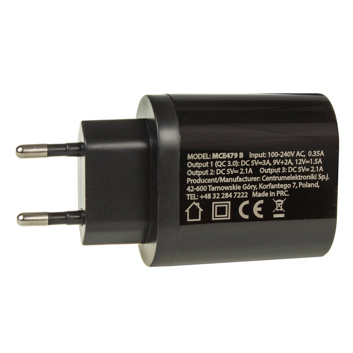 Maclean Energy MCE479 B 1xQC 3.0 punjač za mrežu – crni Qualcomm Quick Charge QC 3.0 – 3,6–6 V/3 A, 6–9 V/2 A, 9–12 V/1,5 A i 2 x 5 V/2,1 A priključka