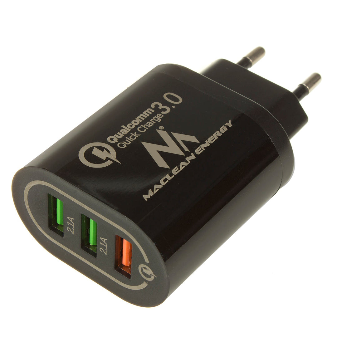 Maclean Energy MCE479 B 1xQC 3.0 punjač za mrežu – crni Qualcomm Quick Charge QC 3.0 – 3,6–6 V/3 A, 6–9 V/2 A, 9–12 V/1,5 A i 2 x 5 V/2,1 A priključka