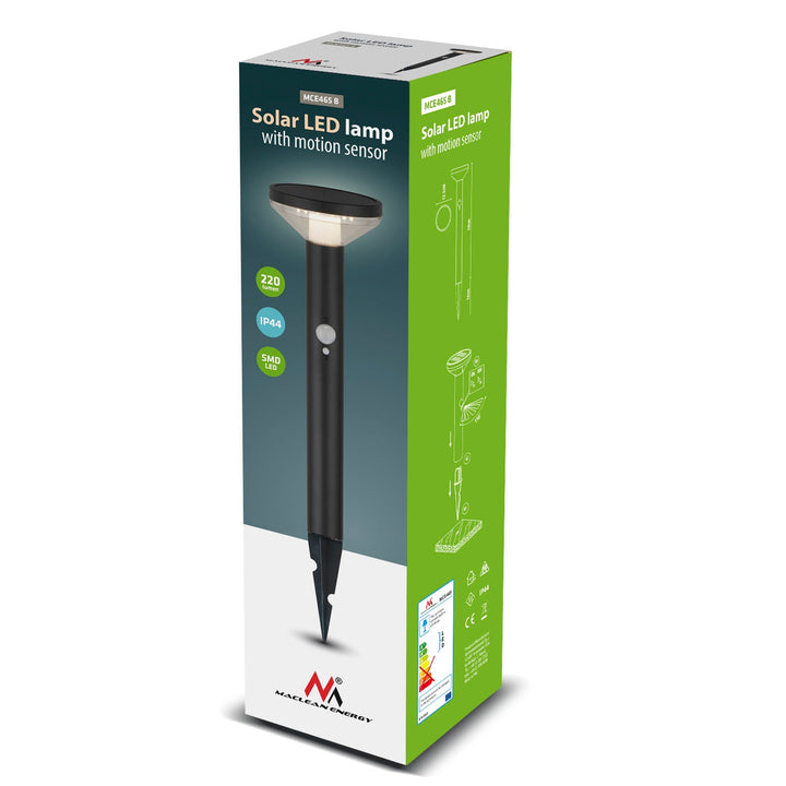 Maclean solarna LED lampa sa senzorom, crna, IP44, 3 načina osvjetljenja, Li-ion 18650 3,7 V 1200 mAh baterija, s klinom, MCE465 B