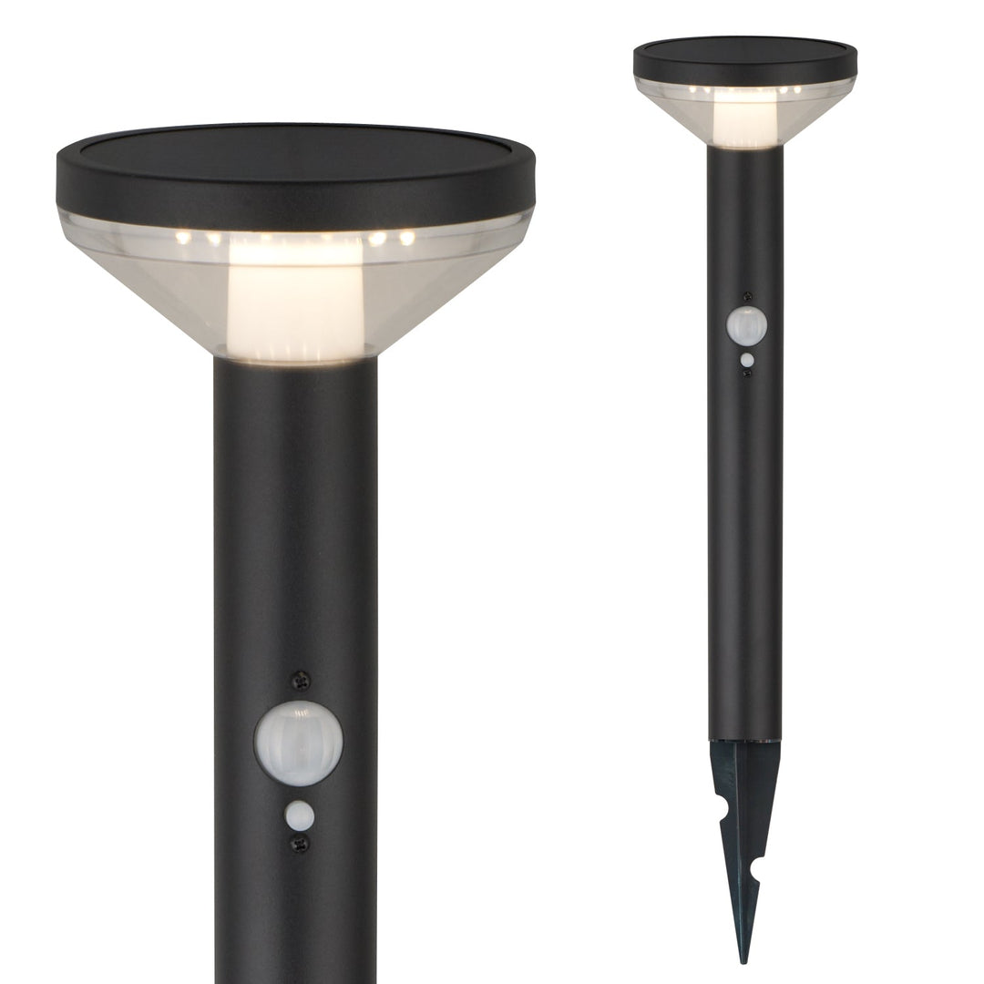 Maclean solarna LED lampa sa senzorom, crna, IP44, 3 načina osvjetljenja, Li-ion 18650 3,7 V 1200 mAh baterija, s klinom, MCE465 B
