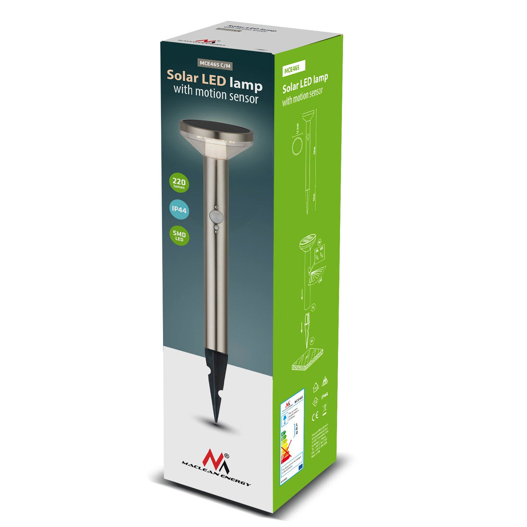 Solarna LED lampa s Maclean senzorom, mat krom, IP44, 3 načina osvjetljenja, Li-ion 18650 3,7 V 1200 mAh baterija, s klinom, MCE465 C/M