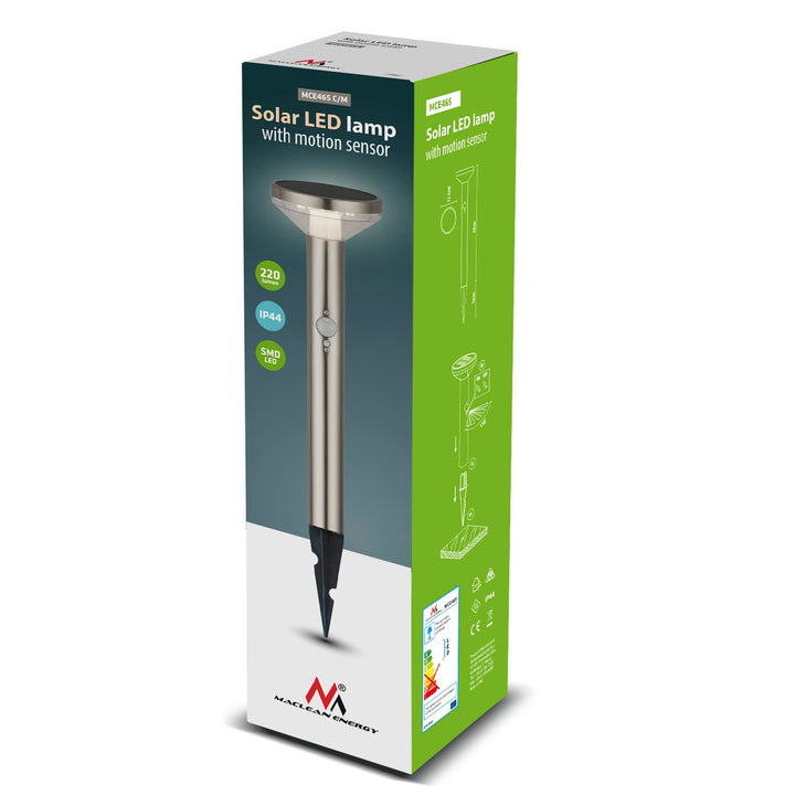Solarna LED lampa s Maclean senzorom, mat krom, IP44, 3 načina osvjetljenja, Li-ion 18650 3,7 V 1200 mAh baterija, s klinom, MCE465 C/M