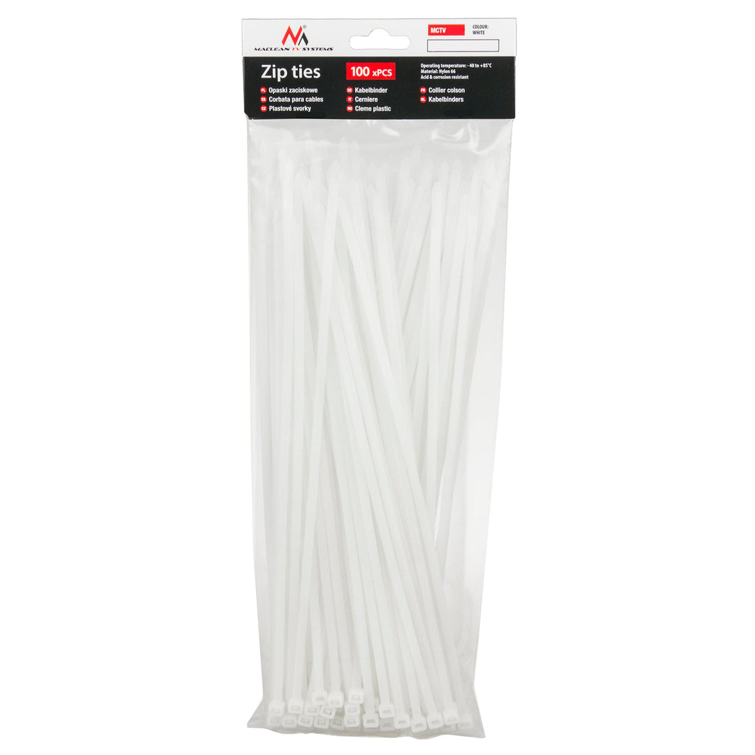 Kabelske vezice (100 komada) Maclean MCTV-463 W - bijele, 3,6x250 mm, otporne na UV zračenje, radna temperatura - 40 +85 stupnjeva Celzijevih.