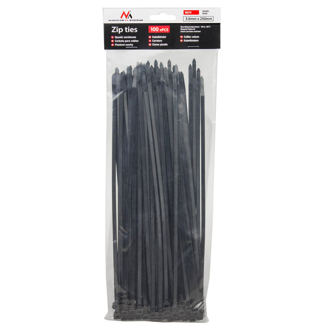 Legături de cablu (100 bucăți) Maclean MCTV-463 B - negru, 3,6x250mm, rezistent la UV, temperatura de utilizare - 40 +85 grade C.