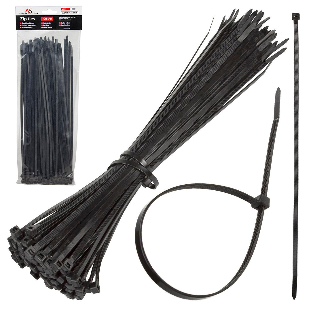 Legături de cablu (100 bucăți) Maclean MCTV-463 B - negru, 3,6x250mm, rezistent la UV, temperatura de utilizare - 40 +85 grade C.