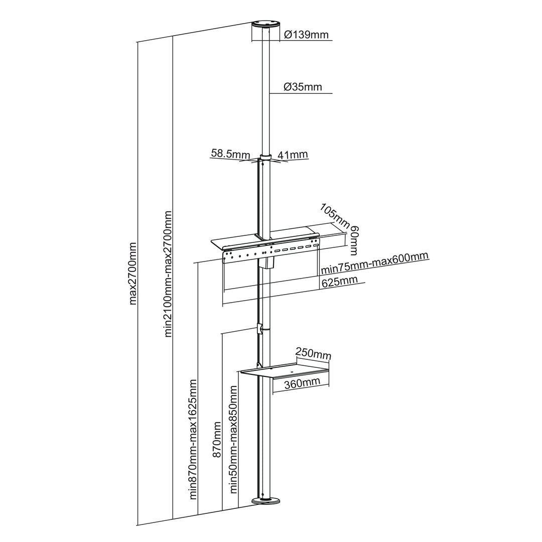Maclean MC-791N teleskopski držač za TV, stropno-podni s policom, 37"-70", max. 30 kg
