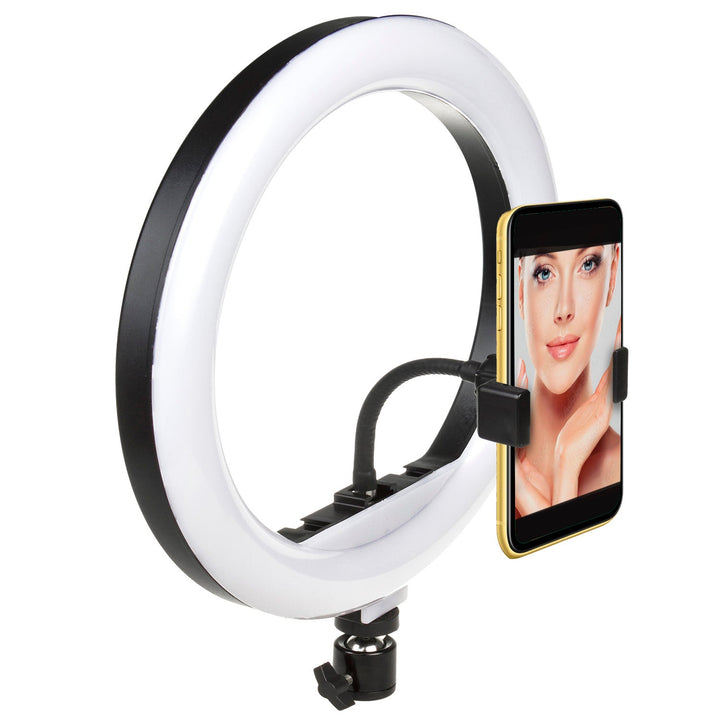 10" LED prstenasta svjetiljka 12 W s 1,1 m stativom Maclean Energy MCE610, Bluetooth samookidačem, podesivom temperaturom boje od 3200 K do 5600 K i svjetlinom od 10 do 100 %.
