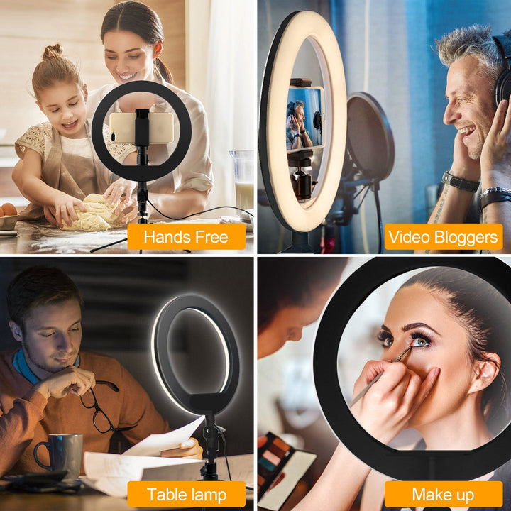 10" LED prstenasta svjetiljka 12 W s 1,1 m stativom Maclean Energy MCE610, Bluetooth samookidačem, podesivom temperaturom boje od 3200 K do 5600 K i svjetlinom od 10 do 100 %.