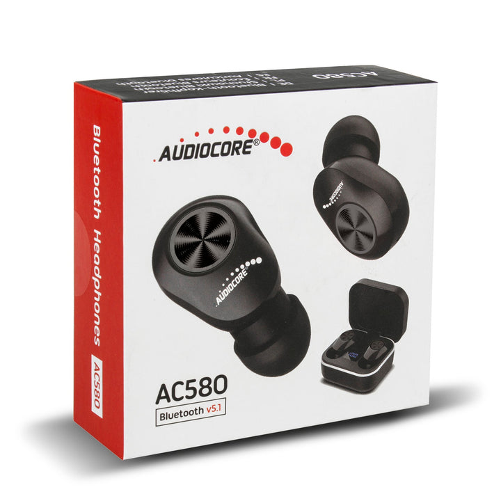 Audiocore TWS BT 5.1 slušalice za uho s bazom za punjenje od 300 mAh, slušalice od 30 mAh, crne AC580