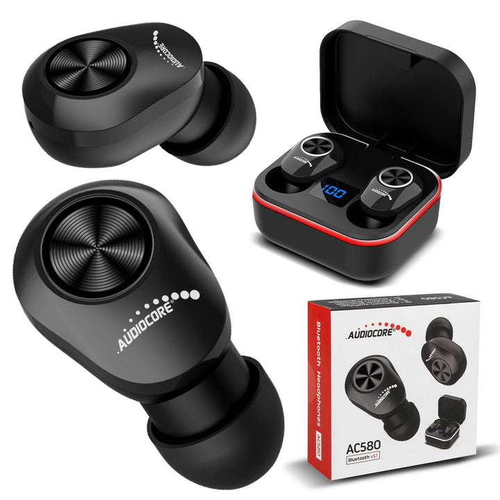 Audiocore TWS BT 5.1 slušalice za uho s bazom za punjenje od 300 mAh, slušalice od 30 mAh, crne AC580