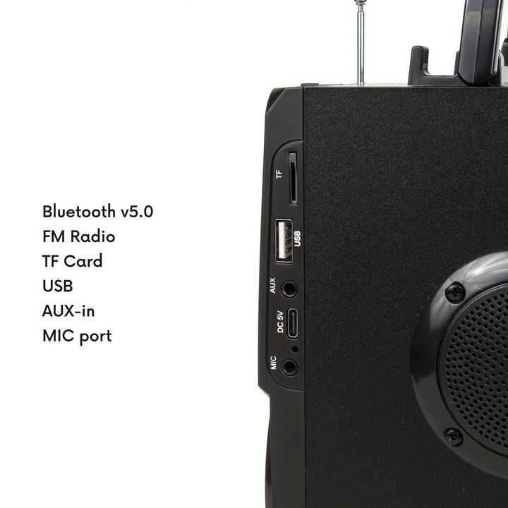Prenosivi Bluetooth zvučnik / radio / SD / MMC / aux-in / USB / osvjetljenje / daljinski upravljač / teleskopska antena / priključak za mikrofon