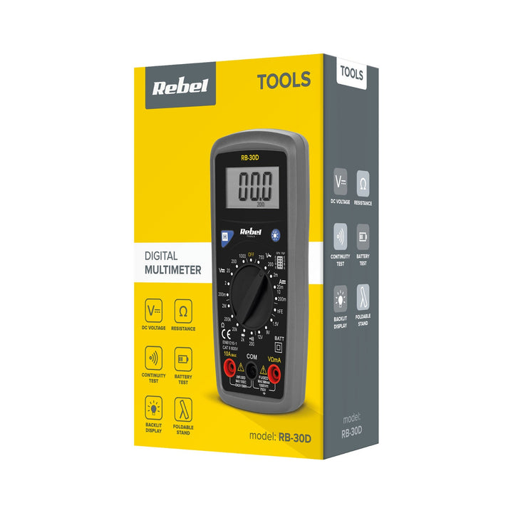 Univerzalni mjerač Rebel Tools RB-30D uključuje mjerne kabele.