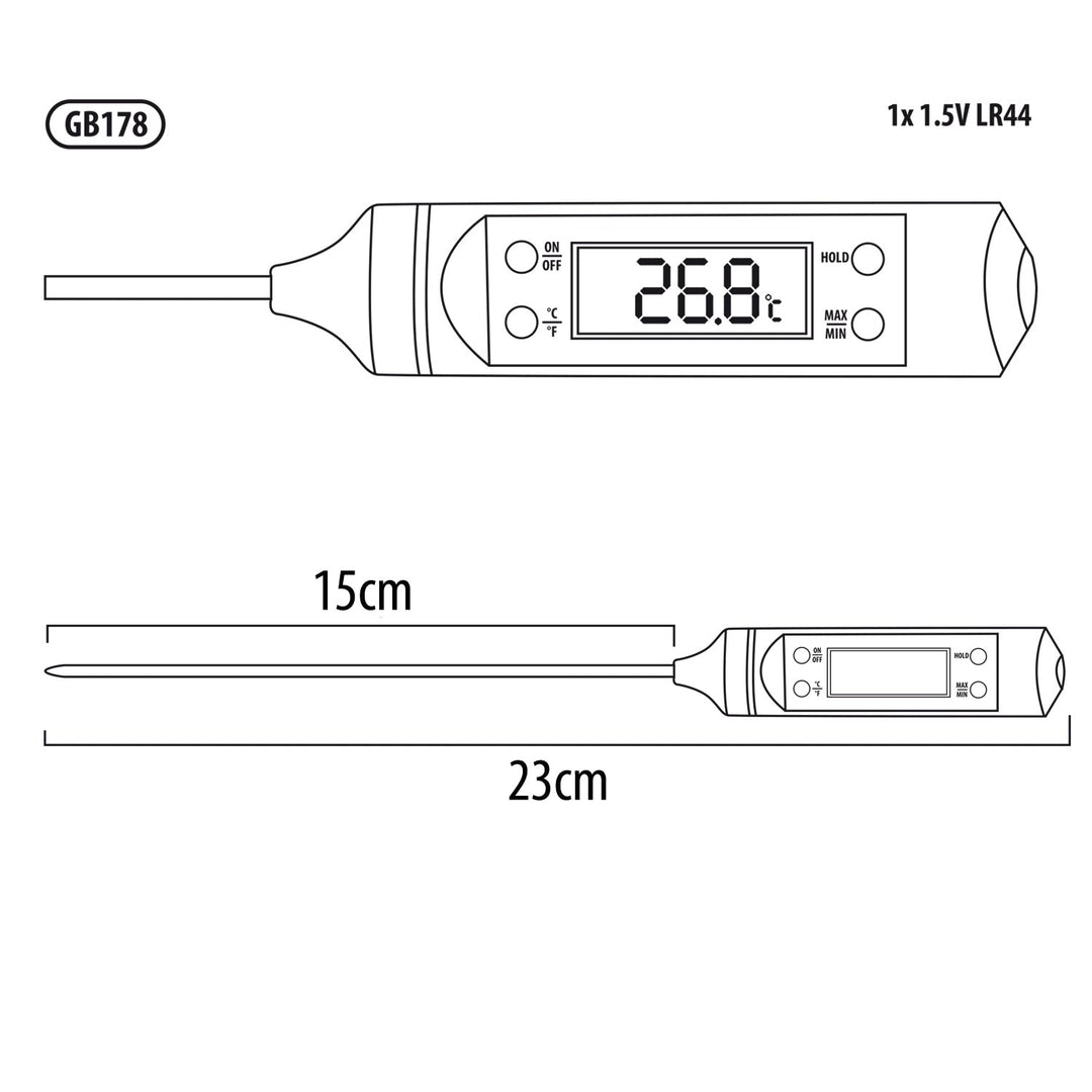 Termometar/sonda za hranu, GreenBlue, duljina sonde 15 cm, temperaturni raspon -50 °C do +300 °C, točnost 0,1 °C, GB178