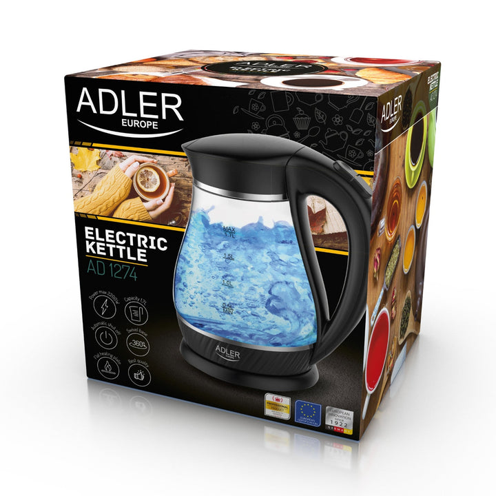 Adler AD 1274 crni čajnik od stakla, kapacitet 1,7 l, snaga 2200 W