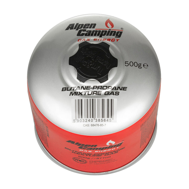 Alpen Camping plinska patrona 500 g. Certifikat: Pi 0437, u skladu s EN417, propan-butan, radni raspon -10 °C do +40 °C, ventil s navojem 7/16", IK008.