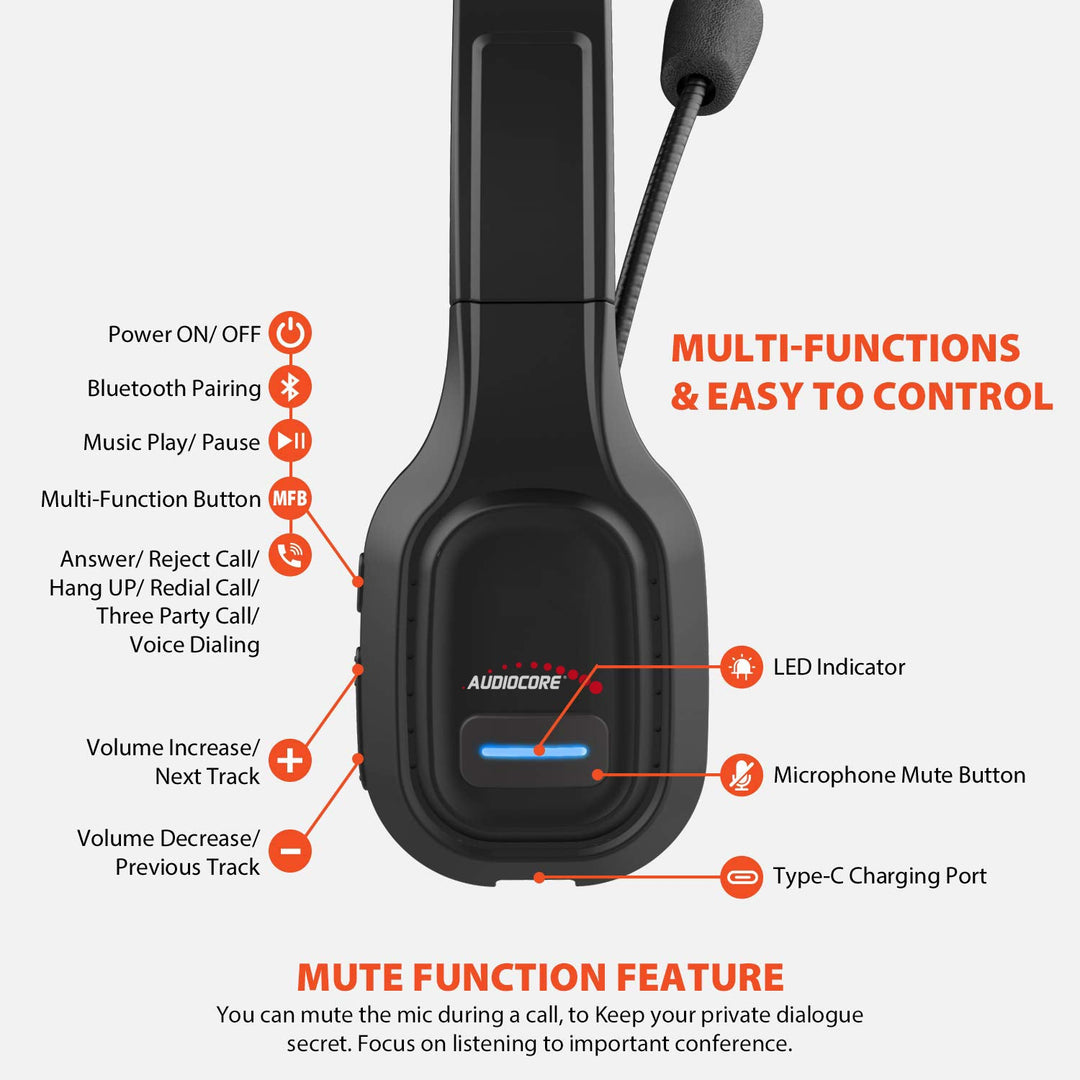 Bluetooth ANC slušalice za pozivne centre s mikrofonom Audiocore, QCC3020, ANC, AVRCP, A2DP, HSP, HFP, SBC AAC kodek, AC864
