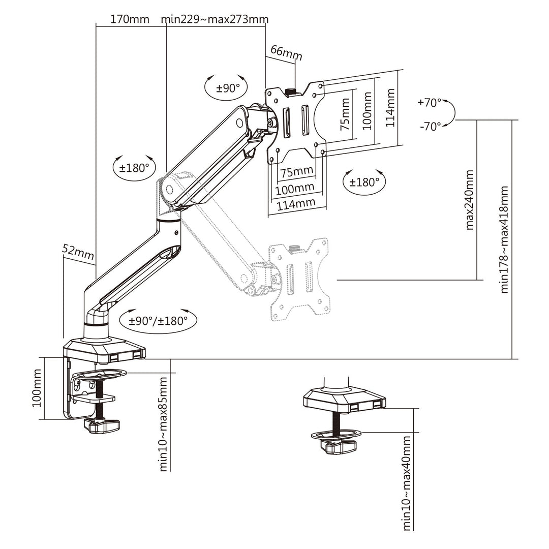 Ergo Office univerzalni stolni nosač za monitore, plinski opružak 17"-35" 15 kg, VESA 75x75 / 100x100, ER-445