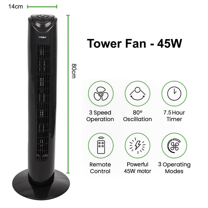 Stalak ventilator s daljinskim upravljačem, 3 načina rada, 3 brzine, oscilacija 80°, 45 W, tajmer, visina 82 cm GB645