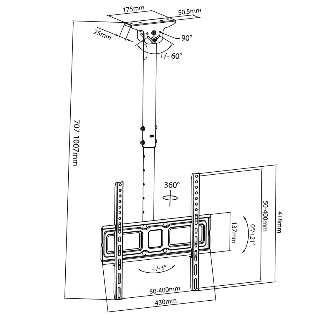 Maclean stropni nosač za TV, VESA 400x400, 32"-50", udaljenost od stropa 717-1017 mm, max. 35 kg, MC-943