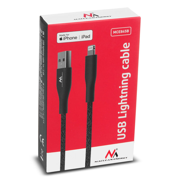 MFi (Made for iPhone / iPod / iPad) kabel s podrškom za brzo punjenje 2,4 A – Maclean Energy MCE845B, crni, 1 m, 5 V/2,4 A – prijenos podataka