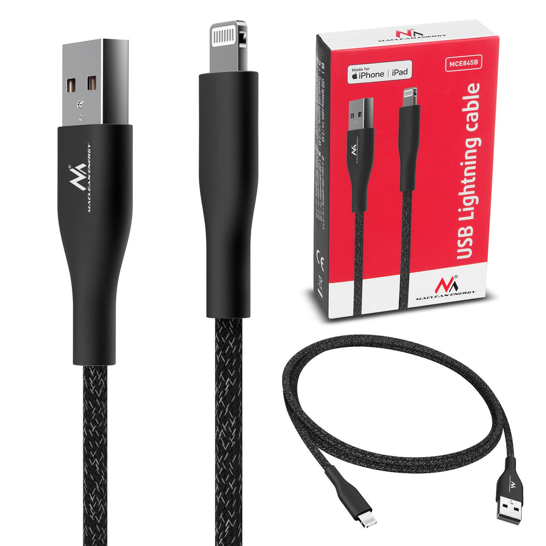 MFi (Made for iPhone / iPod / iPad) kabel s podrškom za brzo punjenje 2,4 A – Maclean Energy MCE845B, crni, 1 m, 5 V/2,4 A – prijenos podataka
