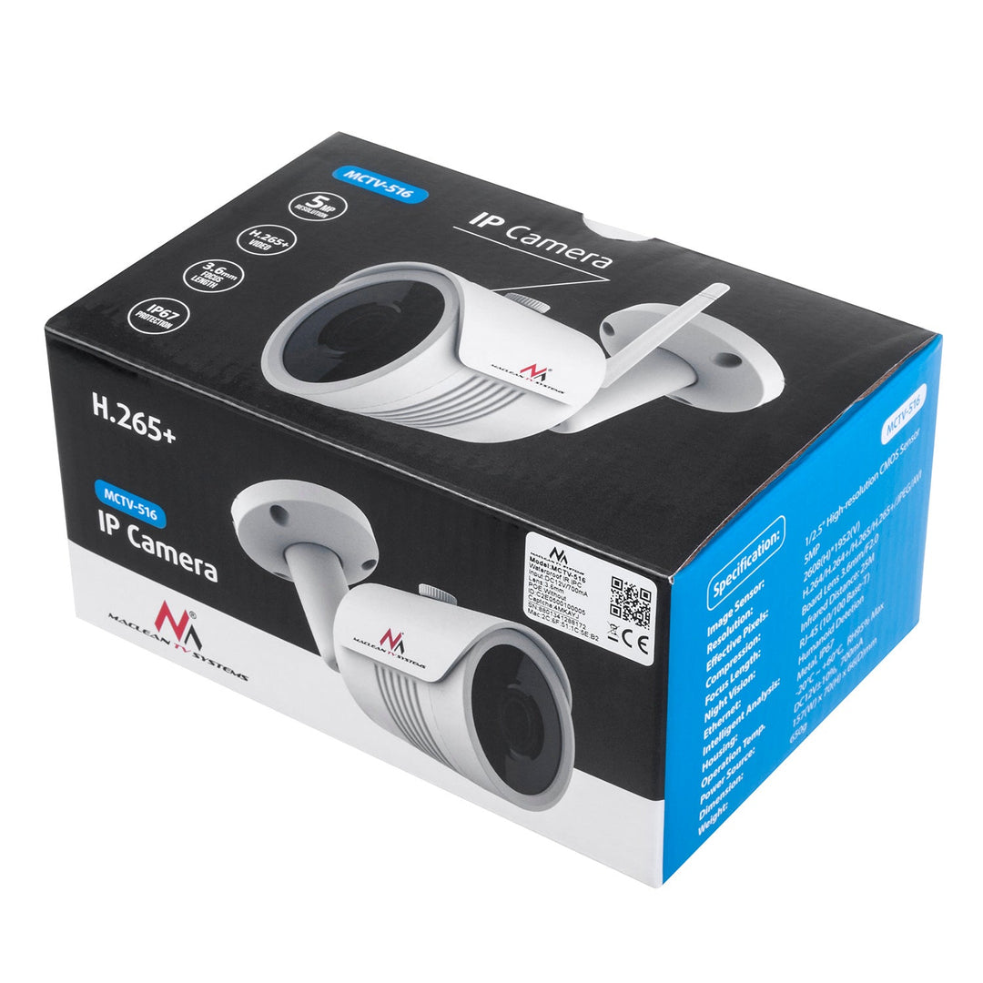Maclean 5MPx vanjska WiFi IP mrežna kamera, tubularna, 1/2.5" CMOS, H.264/H.264+/H.265/H.265+/JPEG/AVI, Onvif, MCTV-516