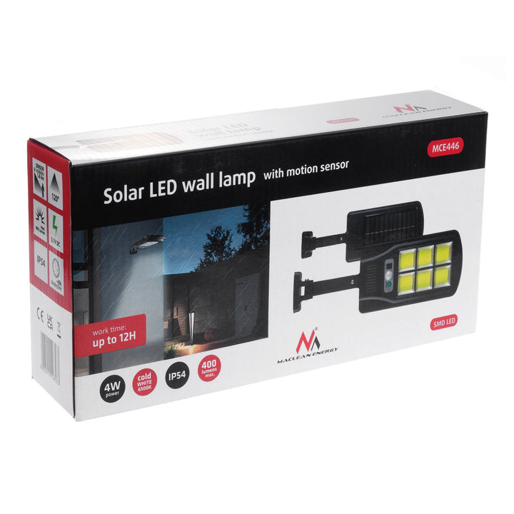 Solarna LED ulična svjetiljka s senzorom pokreta i daljinskim upravljačem Maclean IP54, 4 W, 400 lm, 6500 K, Li-ion 1200 mAh, 3 načina rada MCE446